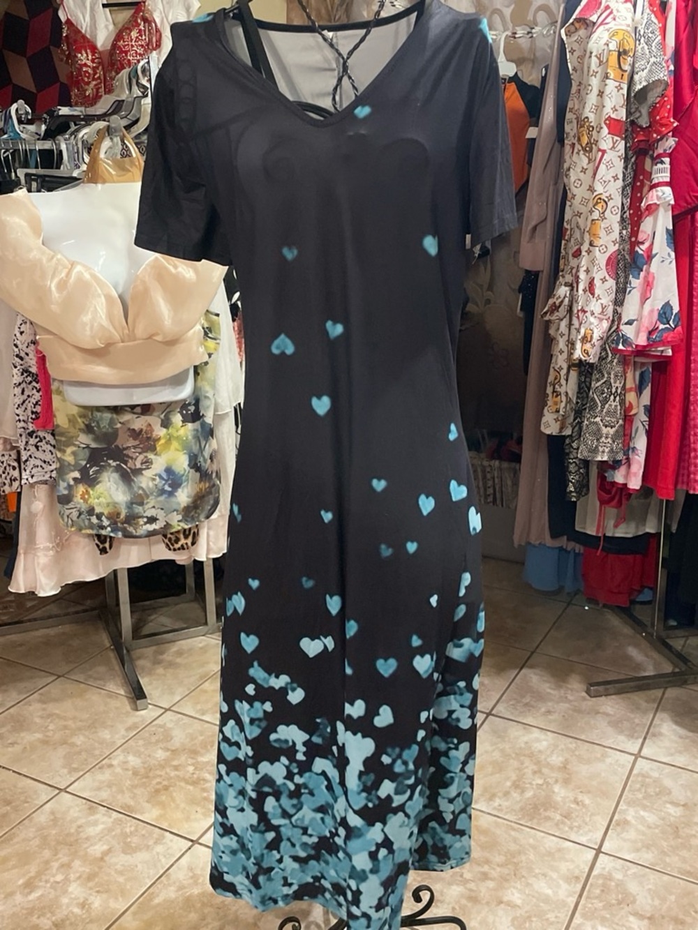 Black Maxi Dress with Blue Heart Print
